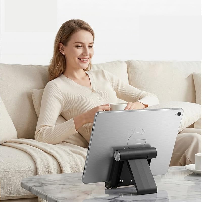 Adjustable Desktop Cradle for Mobile Devices, Foldable Travel Support for Tablets and E-Readers, Black