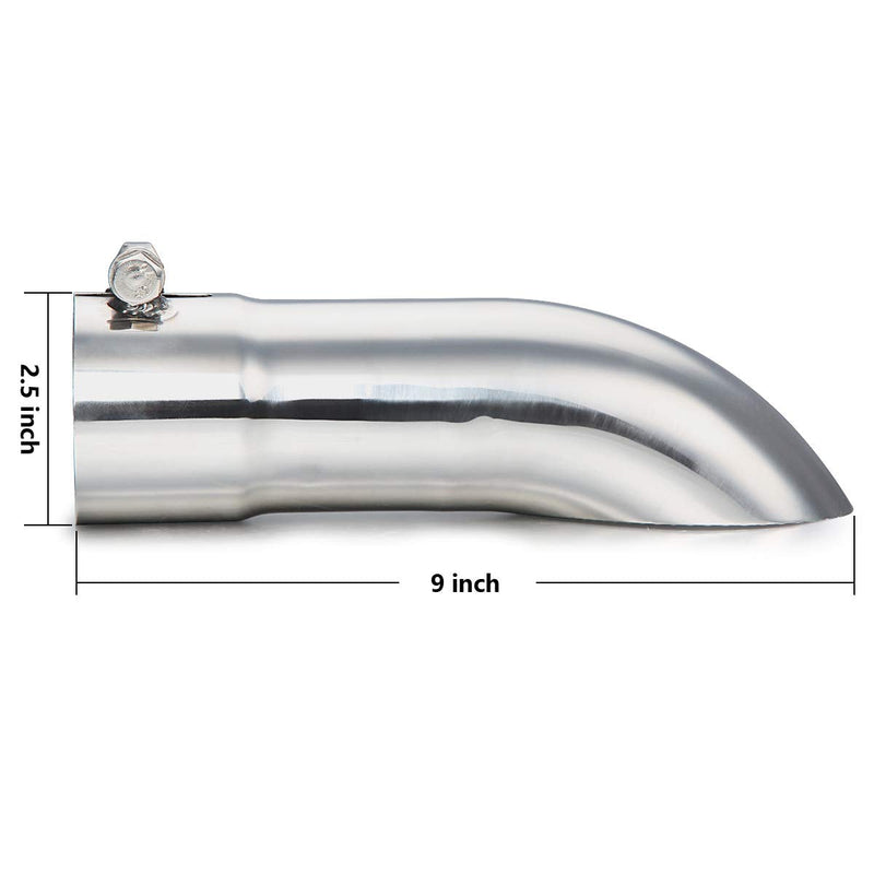 LCGP 2.5 Inch Inlet Turn Down Exhaust Tip, 2 1/2 Inch Inside Diameter Inlet, 9’’ Length Stainless Steel Turndown Exhaust Pipe Silver