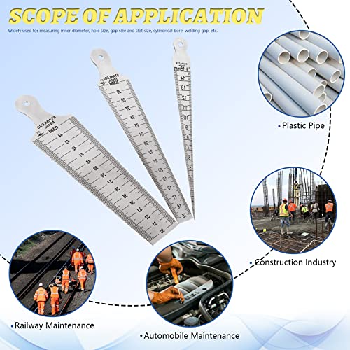 Glarks 3Pcs Inch & Metric Taper Gage Set 1-15mm(1/32-5/8inch), 15-30mm(5/8-1-3/16inch), 30-45mm(1-3/16-1-3/4inch) Stainless Steel Gap Hole Taper Welding Gauge for Measuring Cylindrical Bores