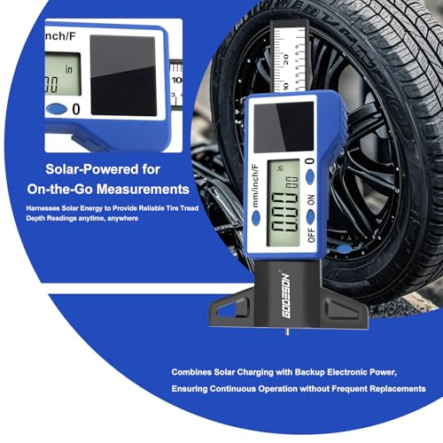 GODESON Digital Tire Tread Depth Gauge – 3 Modes-Fraction/Inch/MM Display, Solar & Battery Hybrid,1” (25.4mm/32NDS) Range, Blue Tire Wear Measure Tool for All Vehicles (Car, Truck, SUV) IN/MM/FRAC - Blue