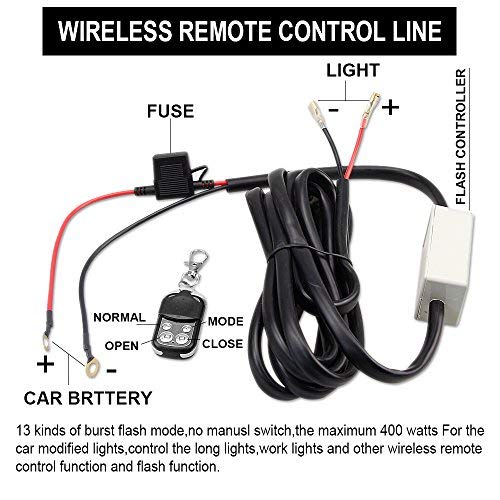 LEADTOPS Heavy Duty LED Light Bar 400Watts Load Wiring Harness Wireless Strobe Wiring Kit ON-OFF-Strobe RF Remote Control Switch for 12V Car Truck Work Light Driving Light