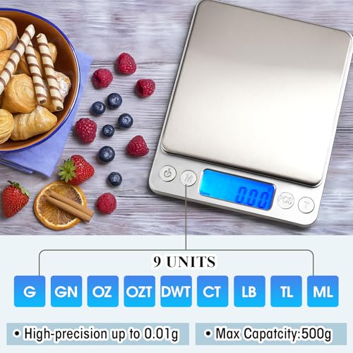 Copkim 2 Pack Digital Gram Scale 500g/0.01g, Portable Jewelry Food Scale with 20g Calibration Weight Accessories, Tweezers, LCD Display High Precision Kitchen Multifunctional Stainless Steel