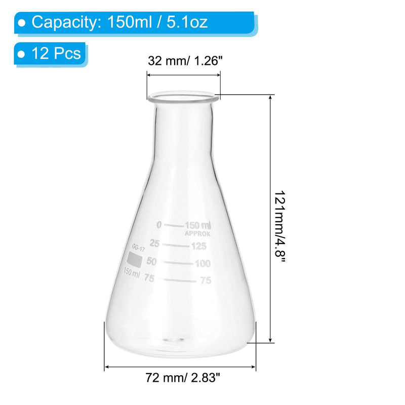 PATIKIL Erlenmeyer Flask, 12 Pcs 150ml 5.1oz Narrow Mouth Graduated Flasks Borosilicate Glass with Printed Graduation for Lab Experiment Chemistry Science Study 150ml/4.95oz