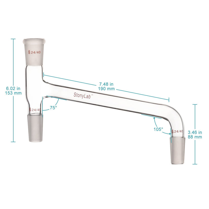 stonylab Borosilicate Glass 75 Degree Bent Distilling Adapter, with Two 24/40 Inner Joints and One Outer Joint, for Laboratory Distillation 24/40 Joint