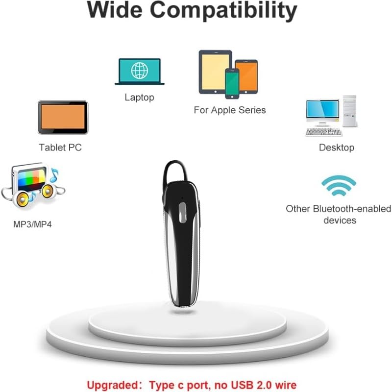 Single Ear Bluetooth Headset V5.3 Single-Ear Earpiece with Wireless Microphone 48H Battery, Bluetooth Earpiece - Handsfree for Driving/Truck Drivers, Compatible with iPhone, Android, Samsung Minimalist Glossy Black