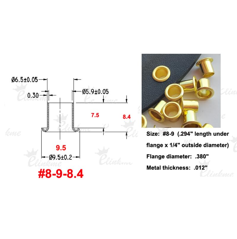 Kydex Holster Copper Eyelets,1 Tools with 200pcs #8-9-8.4mm (.294 Length Under Flange x 1/4" Outside Diameter) Brass Eyelets Rivets for 0.08" ~ 0.09" Kydex Holster Fastener（Golden Color,200pcs）