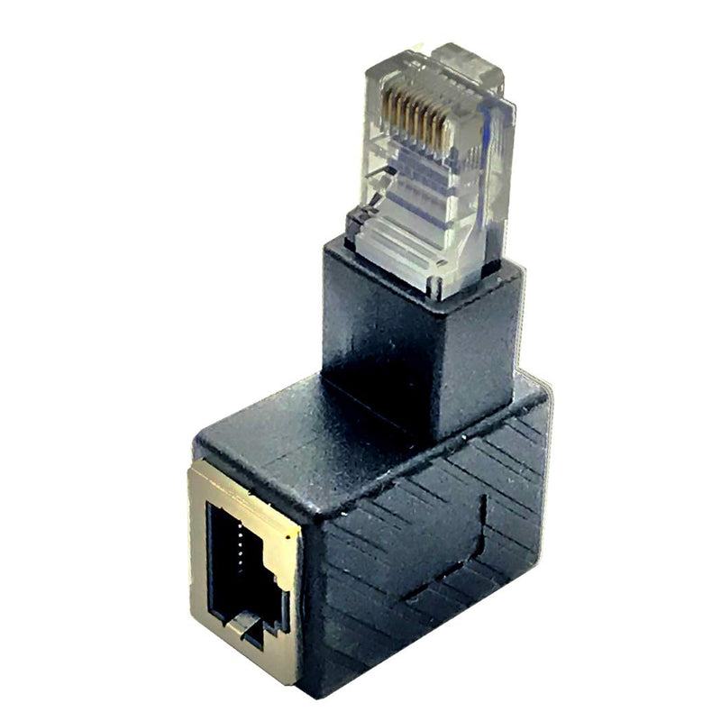 2Pack 90 Degree Down Angled Ethernet LAN RJ45 Male to Female Adapter Shielded Network Patch Connector (Black Down Angled) Black Down Angled