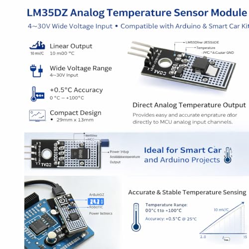 6pcs LM35DZ Analog Temperature Sensor Module, 4–30 V Wide Voltage Input, 10 mV