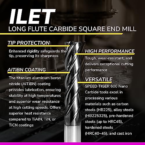 SPEED TIGER Micrograin Carbide Square Long Flute End Mill - 1/4" Diameter 1-1/8" Flute Length, 4" OVL, 4 Flutes - ILET (2 Pieces, 1/4") - for Alloy Steels, Hardened Steel & Metal– Mill Bits Sets 2 1/4 in