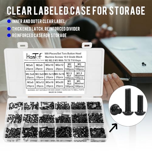 900PCS Torx Button Head Screws, M2 M2.5 M3 Bolts and Nuts Washers Set, Star Drive Round Head Machine Screws 10.9 Grade Alloy Steel Black, Small Torx Bolts Fully Threaded with T6 T8 T10 Wrench