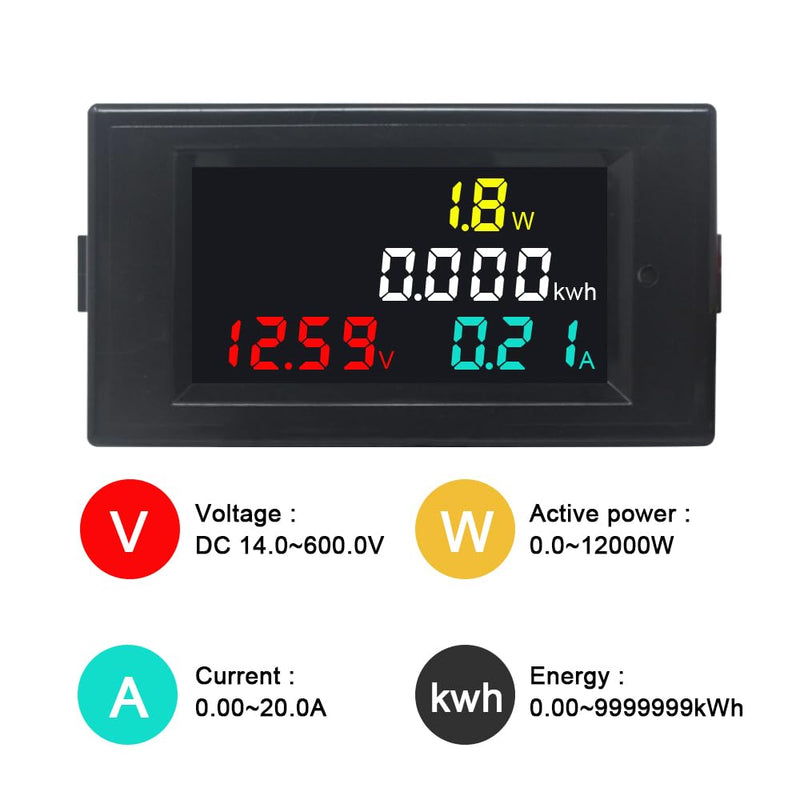 KETOTEK Voltmeter Ammeter DC 14-600V 20A, 4 in 1 Multimeter Panel Kwh Volt Amp Watt Meter, Digital Power Meter Energy Monitor DC Current Meter with Built-in Shunt 14-600V 20A(Built-in Shunt)
