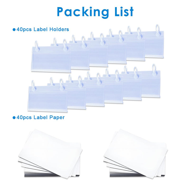 Diteje 40 Pack Plastic Basket Label Holders,Price Sign Wire Shelf Labels Holder with Easy Clip Design Snap Lock Closure,with Paper Insert,3.94x1.57inch