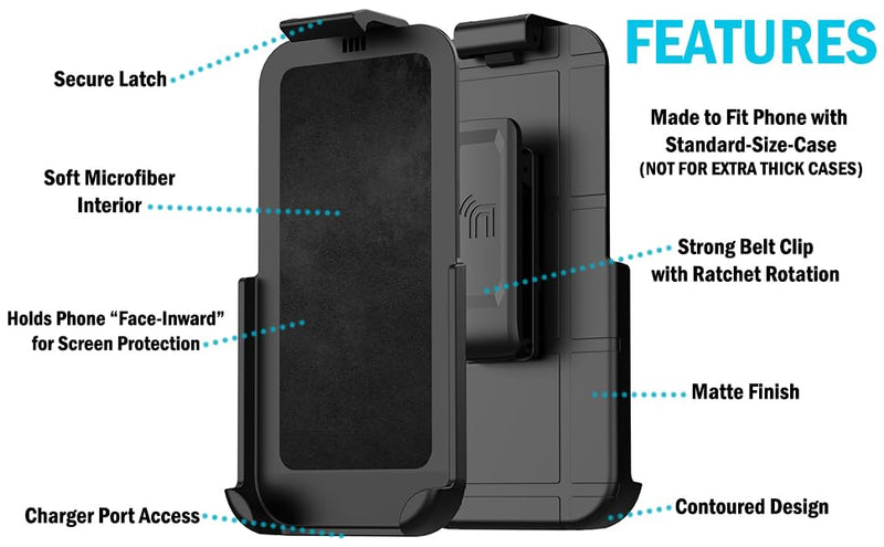 Nakedcellphone Holster for iPhone 17e / iPhone 16e Belt Clip - Black | Made to Fit Most Slim/Standard Phone Case, Rotating Holder with Secure Latch