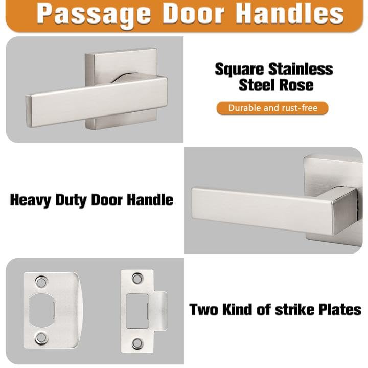 Probrico Interior Brushed Nickel Door Handle, Heavy Duty, Flat Square Passage Door Handles, Keyless Door Levers Lockset for Closet and Hallway (1 Pack, Modern) 1 Pack