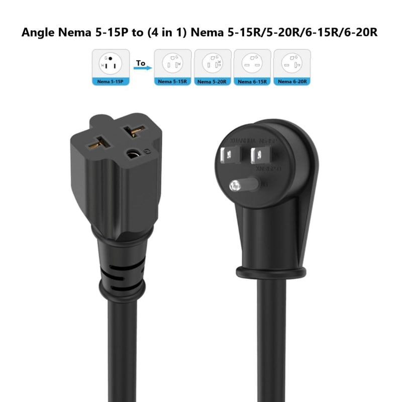 10Ft 12AWG Heavy Duty Right-Angle 15 Amp Household Plug to 20-Amp Extension-Cord, Nema 5-15P to 5-15R,5-20R,6-15R,6-20R T Blade 20Amp to 15Amp 90-Degree Extension Cable,125V 15A to 20A AC Power Cord