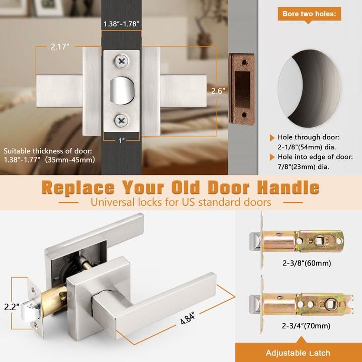 Probrico Interior Brushed Nickel Door Handle, Heavy Duty, Flat Square Passage Door Handles, Keyless Door Levers Lockset for Closet and Hallway (1 Pack, Modern) 1 Pack