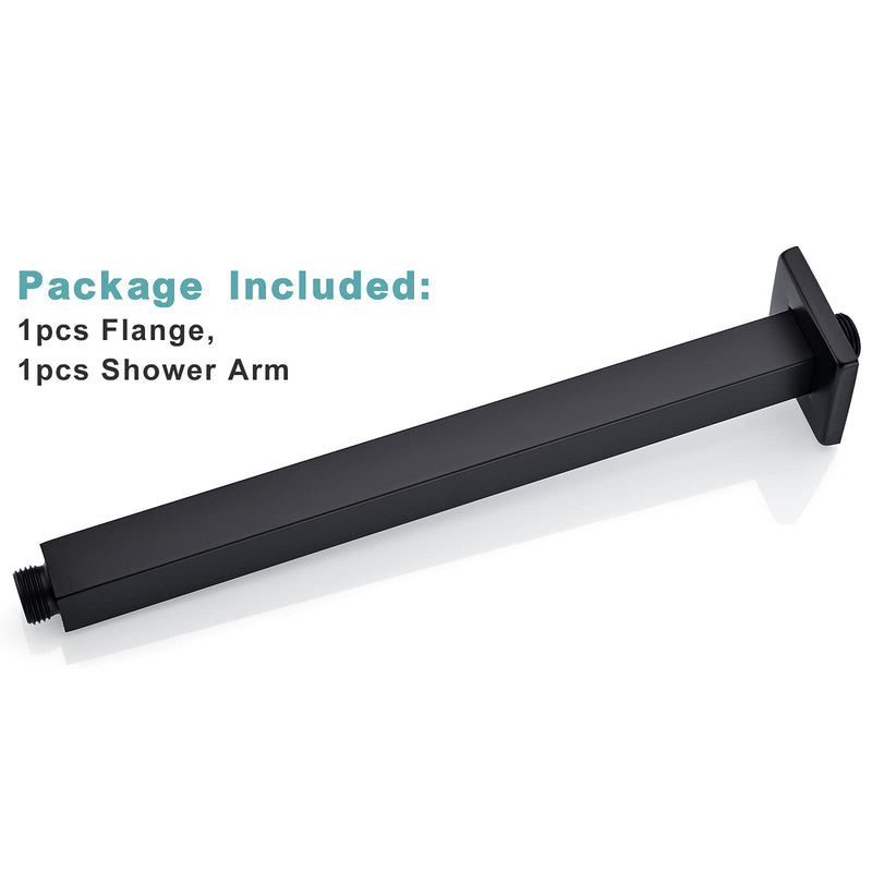 BESTILL 12 Inch Matte Black Ceiling Mount Shower Arm and Flange, Square Rain Shower Head Arm