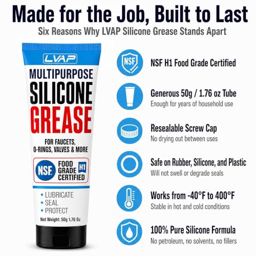 LVAP Food Grade Silicone Grease for O-Rings, Faucets & Plumbing - NSF H1 Waterproof Silicone Lubricant for Pool & Spa, KitchenAid Stand Mixer, RV Seals & Valves - Silicone Paste 50g