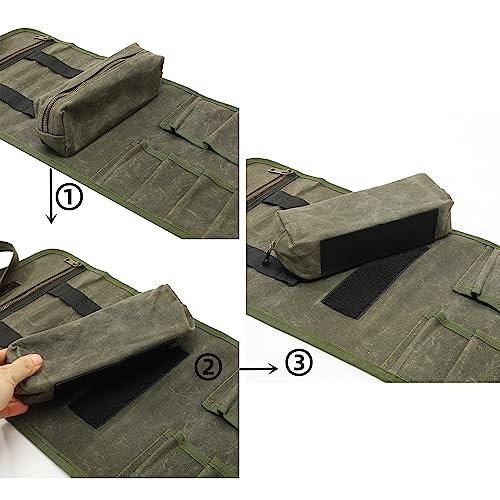 Wrench/Tool Roll (7 Slots), Waxed Canvas Roll Up Bag with 1 Small Detachable Tool pouch and 1 Zipper Pockets, Multi-Purpose Wrench Roll Organizer with 2 Wrap Straps Blue