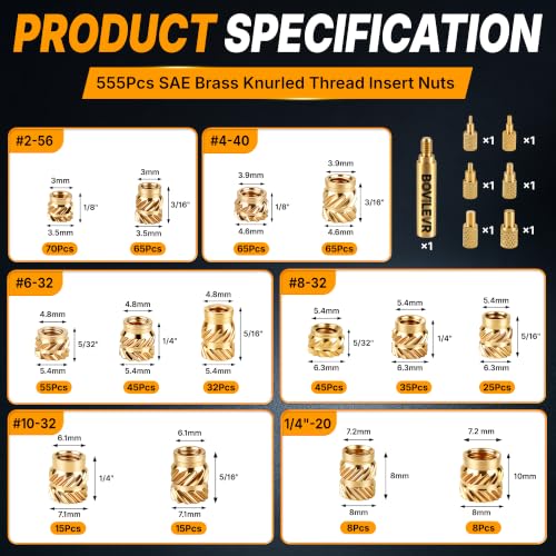 555PCS SAE Threaded Inserts Heat Set for 3D Printing