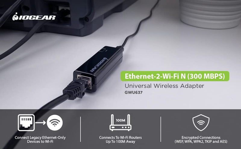 IOGEAR Universal Ethernet to Wi-Fi N Adapter - Speeds of up to 300Mbps on 2.4GHz - Push-button Wi-Fi Protected Setup (WPS) - Supports WEP, WPA, WPA2, TKIP and AES encryption - GWU637