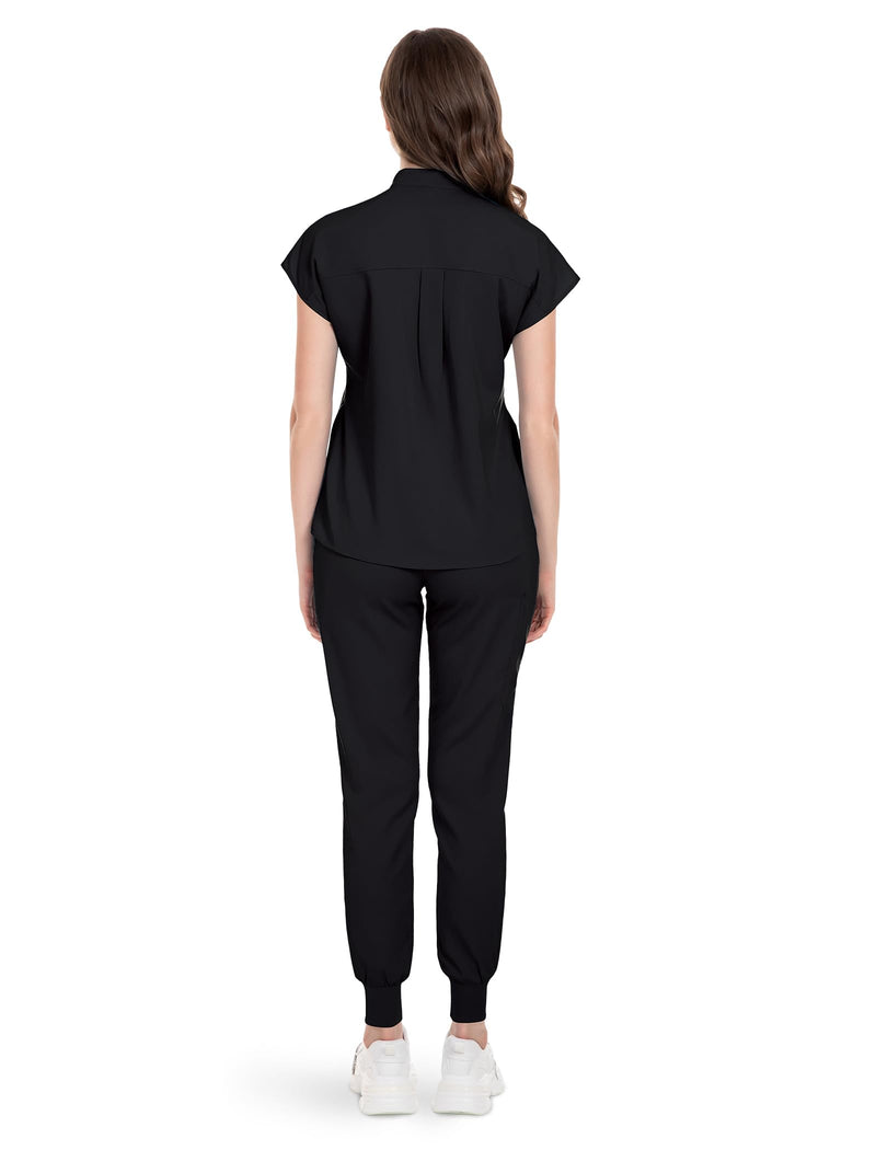 niaahinn Scrubs Set for Women Nurse Uniform Jogger Suit Stretch Top & Pants with Multi Pocket for Nurse Esthetician Workwear Medium Black