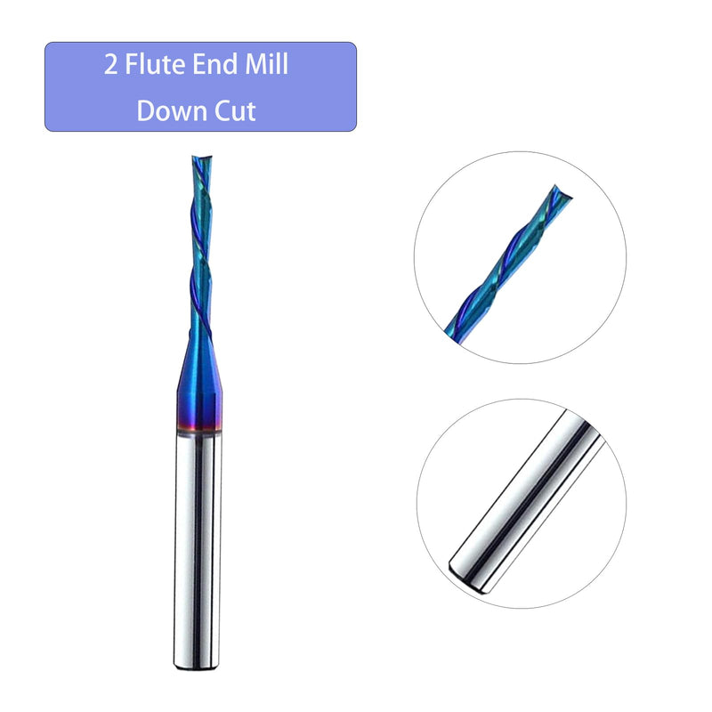 2PCS Downcut Spiral Router Bit 1/4 inch Shank, 1/8 inch Cutting Diameter Solid Carbide with Nano Blue Coating CNC Send Mill for Wood , Carving 1/8D*4/5CL*1/4SHK*2-1/2OL, D2110BC 2 Down Cut 1/8 inch cutting dia