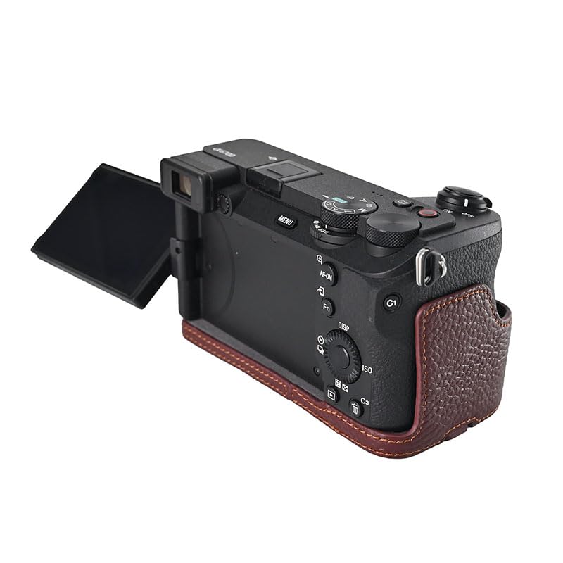 A6700 Case, BMAOLLONGB Handmade Litchi Genuine Real Leather Half Camera Case Bag Cover for Sony Alpha A6700 Bottom Opening Version + Hand Strap (Coffee) Coffee