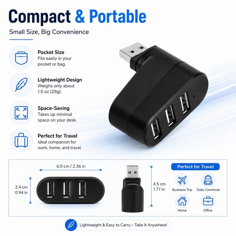 3-Port USB Hub Splitter Adapter Rotating Compact Plug and Play Swivel Design No Battery Required for Laptops PCs Travel, Black
