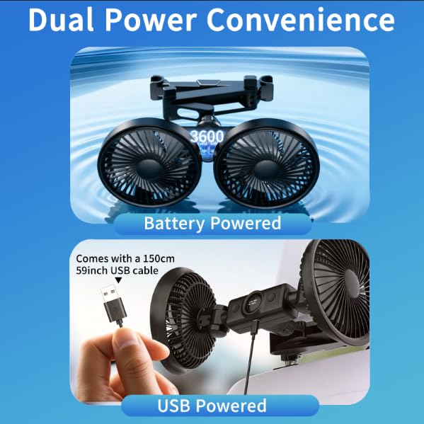 Rechargeable Car Fan for Backseat Kids Baby, Battery and USB Dual Power Car Fans with LED Display,Powerful 3 Speeds 360° Rotatable Dual Head Cooling Car Seat Fan for Sedan SUV RV Truck Vehicle Large
