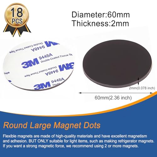 Flexible Magnetic Dot with Self Adhesive,Big Round Magnets with Adhesive Backing for Crafts Whiteboard, Refrigerator Crafts DIY School,18 Pcs 60mm Diameter 2.36”x 0.08”