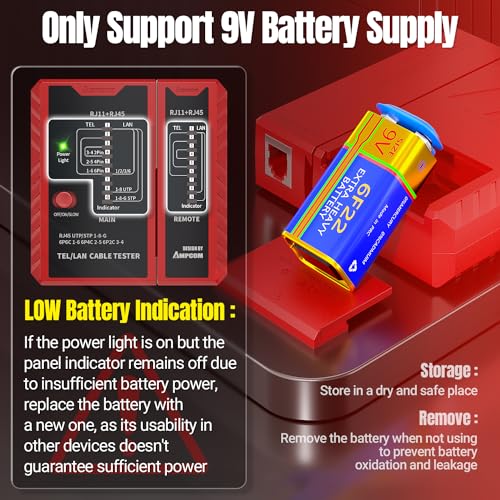 AMPCOM Network Cable Tester RJ45 for LAN & TEL Continuity of RJ45/11/12 CAT5E CAT6 CAT7 UTP & STP Shielded Ethernet Wires Test Tool - W/Carrying Bag - Red