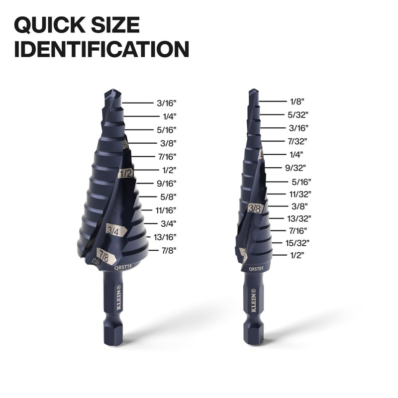 Klein Tools QRST2S Quick-Release Step Bit Set, 3-Piece, Durable Aluminum Titanium Coating, Impact-Rated Hex Shank