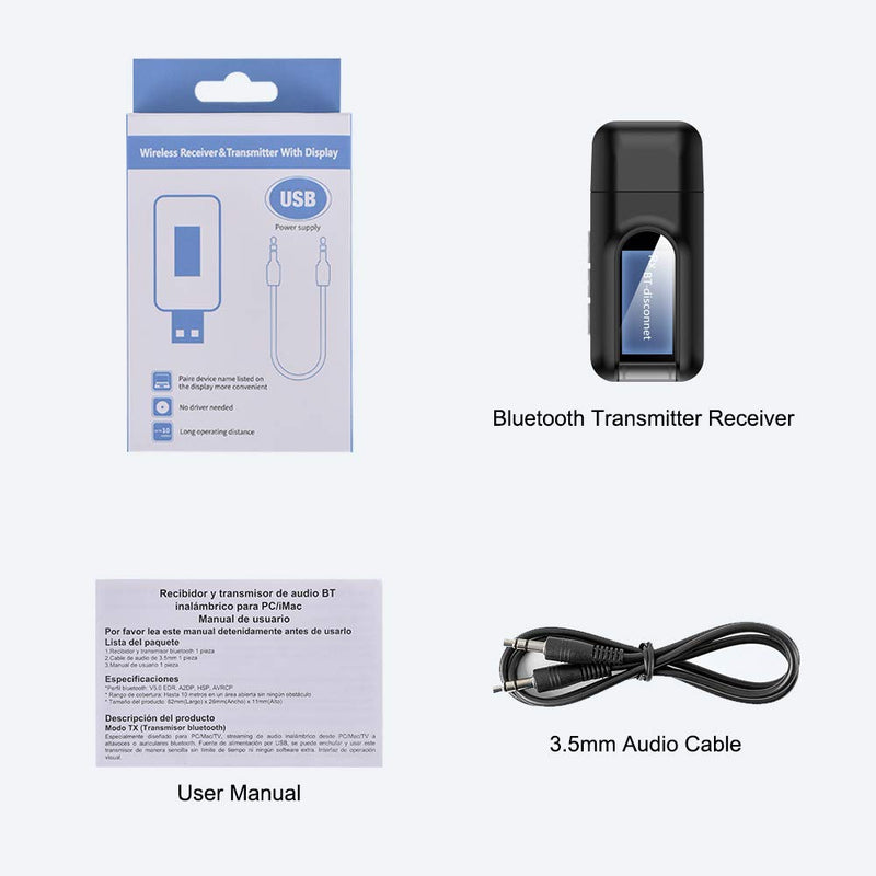 USB Bluetooth 5.0 Transmitter Receiver, Wireless Audio Adapter w/Screen &Microphone for Handsfree Calling and Music Streaming, 3.5mm Bluetooth Aux Adapter for TV/PC/Car/Home Sound System