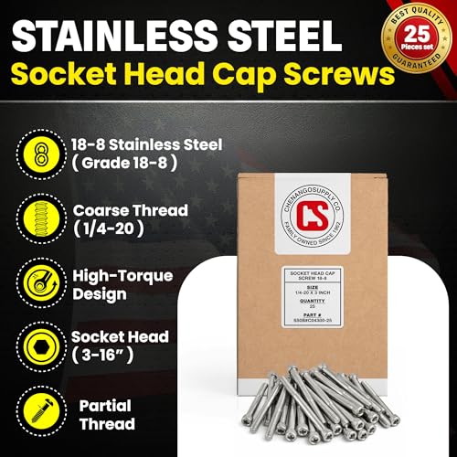 Chenango Supply 1/4-20 x 3 Stainless Socket Head Cap Screws 1/4-20 x 3"