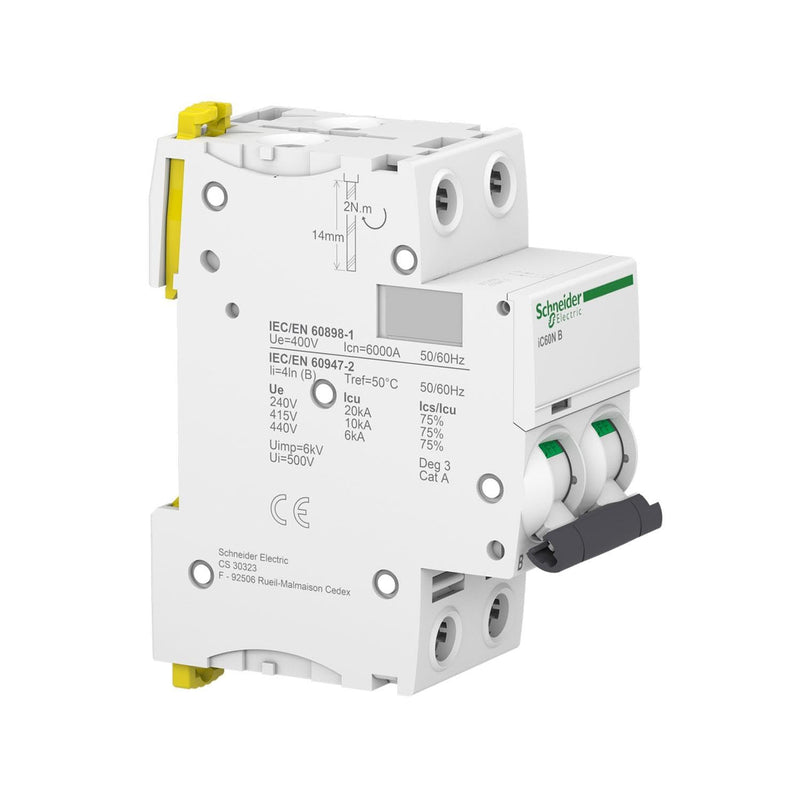 Schneider Electric A9F74220 IC60N Circuit Breaker, Acti9, 2P, 20A, Curvature C, 50/60 Hz, White