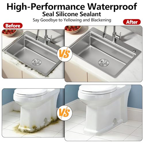 LISRUX Advanced Clear Silicone Caulk for Kitchen & Bathroom,10 fl oz Cartridge,12 Pack,100% Waterproof RTV Silicone Sealant,Stronger Adhesion,Shrink & Crack Proof 12P