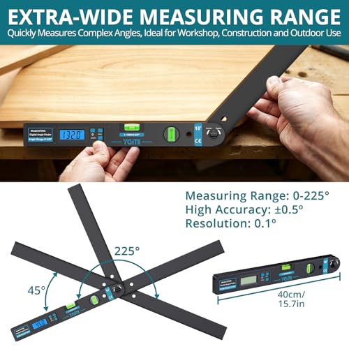 Digital Angle Finder 225°, Aluminum Protractor, Backlit LCD, Bubble Levels