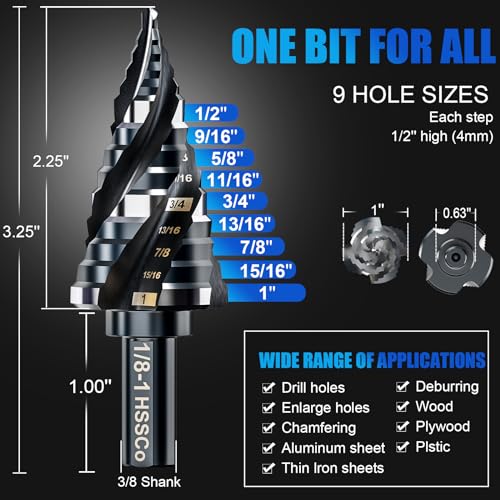 Four Spiral Flute M35 Step Drill Bit Set 1/8"-1"(9 Sizes), 3/8" Shank for Metal Step Drill bit, Impact Resistant Cobalt Step Drill Bit, for Stainless Steel, Wood, Aluminum, Plastic Spiral 1/8"-1"