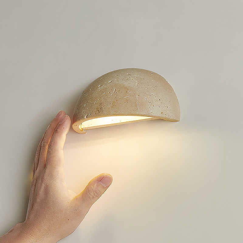 Wabi Sabi Art Lighting Fixture, Modern Marble Semi Circle Yellow Travertine Wall Sconce, Japanese Style Natural Stone Lampshade Bedside Wall Light for Bedroom Kitchen Foyer Entryway Stairs