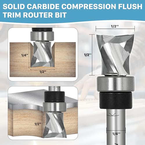 KEENTECH Solid Compression Flush Trim Bit, 1/4" Shank, 1/2" Dia x 1/2" CL 1/4 Inches 1/2"Dia-1/2"Cutting Length