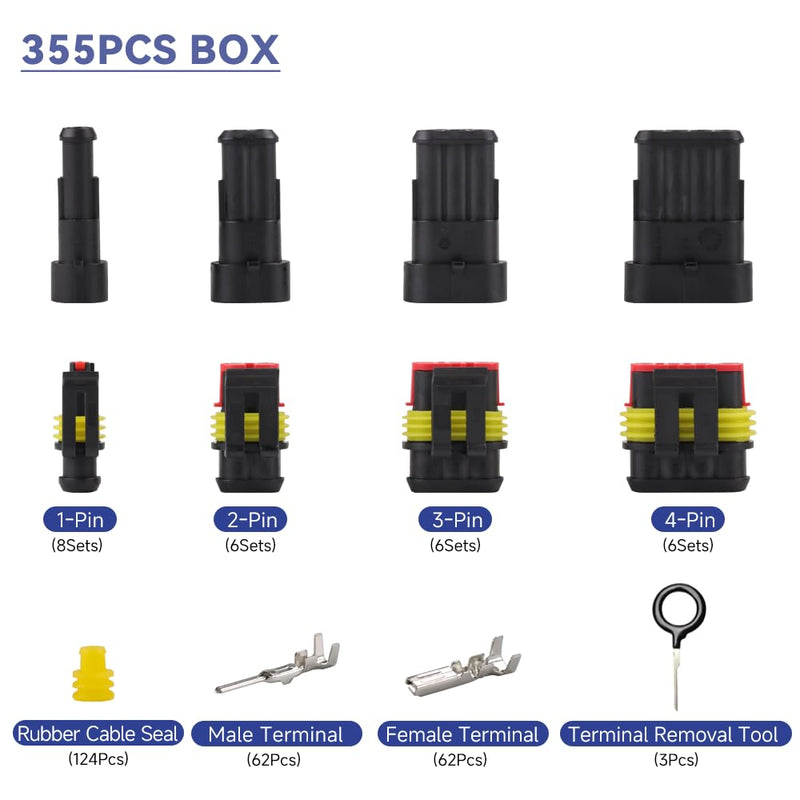 26 Sets 355Pcs Automotive Waterproof Wire Connectors - Male/Female 1/2/3/4 Pin - for Cars, Motorcycles & Boats - 22-16 AWG 355PCS Connectors