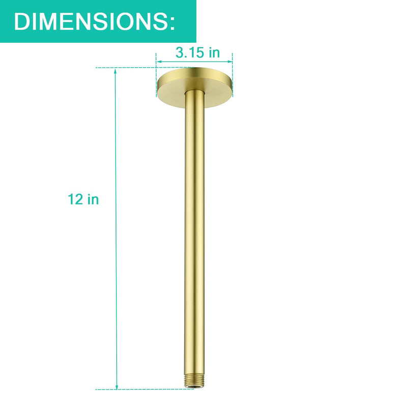 Brushed Gold Shower Arm with Flange 12 inch Stainless Steel Ceiling Mounted Shower Extension Arm Pipe for Rainfall Shower Head,SE-RD91038-12BG Round Flange-12″Brushed Gold