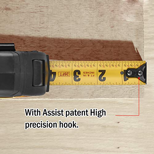 26FT Measuring Tape by ASSIST-Easy Read Double Side Printing with Metric and Inches，Automatic Lock,Heavy Duty Shock Absorbent Rubber Case-for Construction and Surveyor 4.9 m
