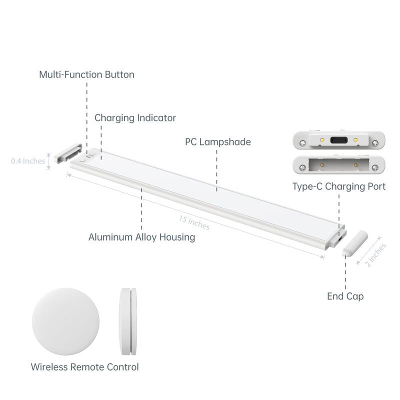 15 Inch Under Cabinet Lighting, Expandable LED Cabinet Light with Sensor Controls, Adjustable Color Temperature & Brightness, Wireless Magnetic Installation 15 Inch