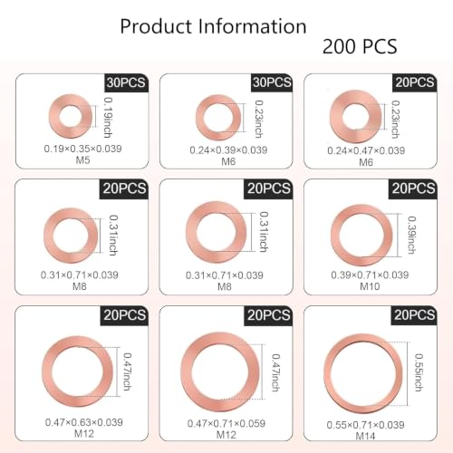 200 PCS Washers Assortment Kit, 9 Sizes M5-M14 Copper Crush Flat Washers for Screws, Oil Drain Plug Gasket Sealing Replacement Washers