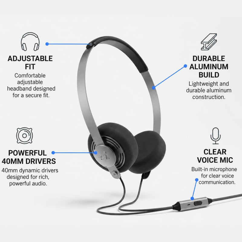 Gadhouse Wesley Wired On-Ear Headphones with Microphone – 40mm Dynamic Drivers, Retro 80s Style Headphones for Music & Calls, Lightweight PU Leather Headband, Includes USB-C & 6.35mm Adapters, 105g