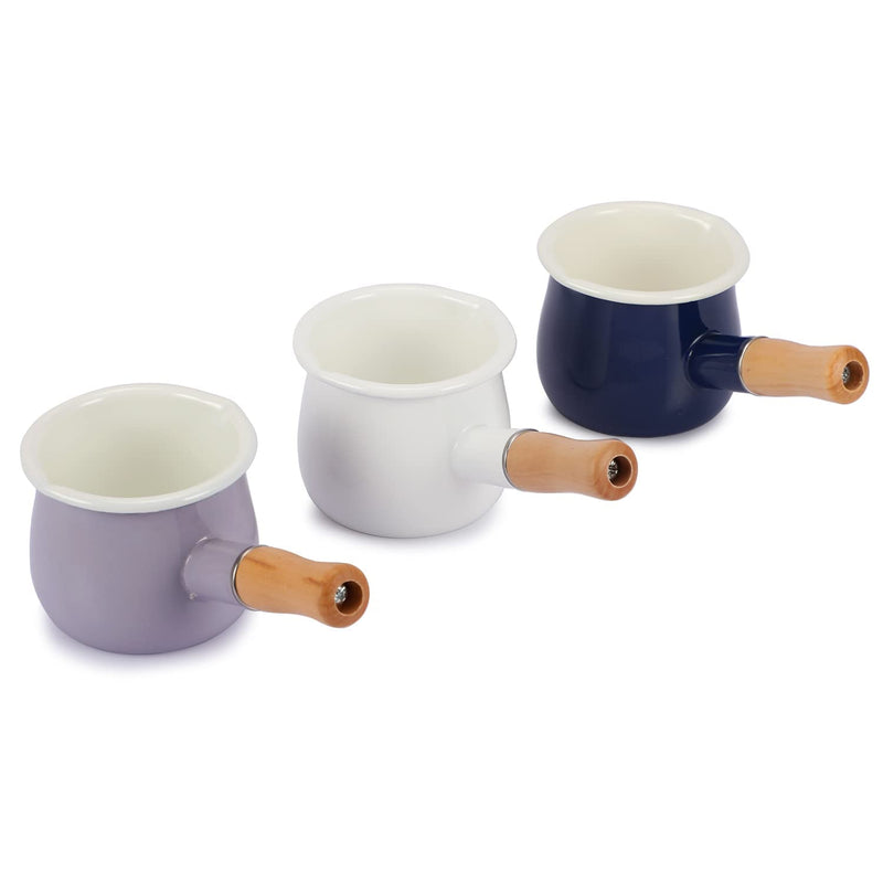 0.6qt Mini Enamel Milk Pot Insulated Wooden Handle 2 Pour Spouts Small Food Warmer Cute Saucepan(D015,White) White
