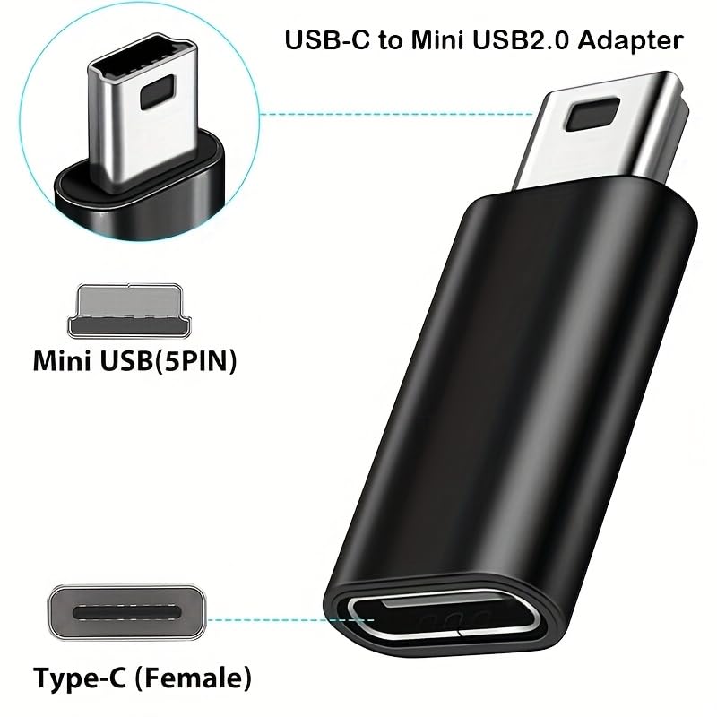 USB-C to Mini USB Adapter, Type-C Female to Mini USB Male, Supports Charge & Data Sync, Compatible with Digital Camera, GPS, Dash Cam, MP3 Player