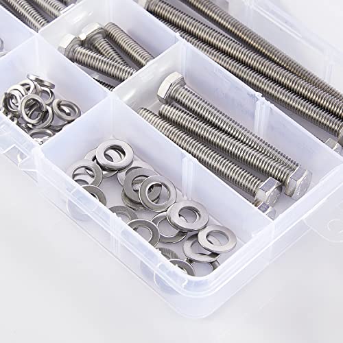 M6 Screws 20-80mm Hex Head Bolts Screws, Nuts, Flat & Lock Washers, Stainless Steel 304, Machine Fully Thread, Bright Finish, Assortment Kit 20Sets M6 Hex Bolts 20Set